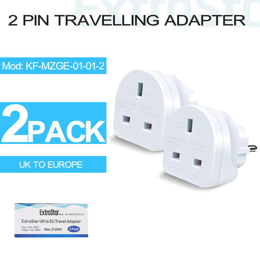 UK To Europe 2 Pin Travelling Adapter, UK Plug, White, Pack of 2 (KF-MZGE-01-01-2)