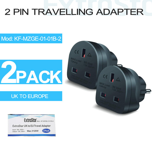 UK To Europe 2 Pin Travelling Adapter, UK Plug, Black, Pack of 2 (KF-MZGE-01-01B-2)