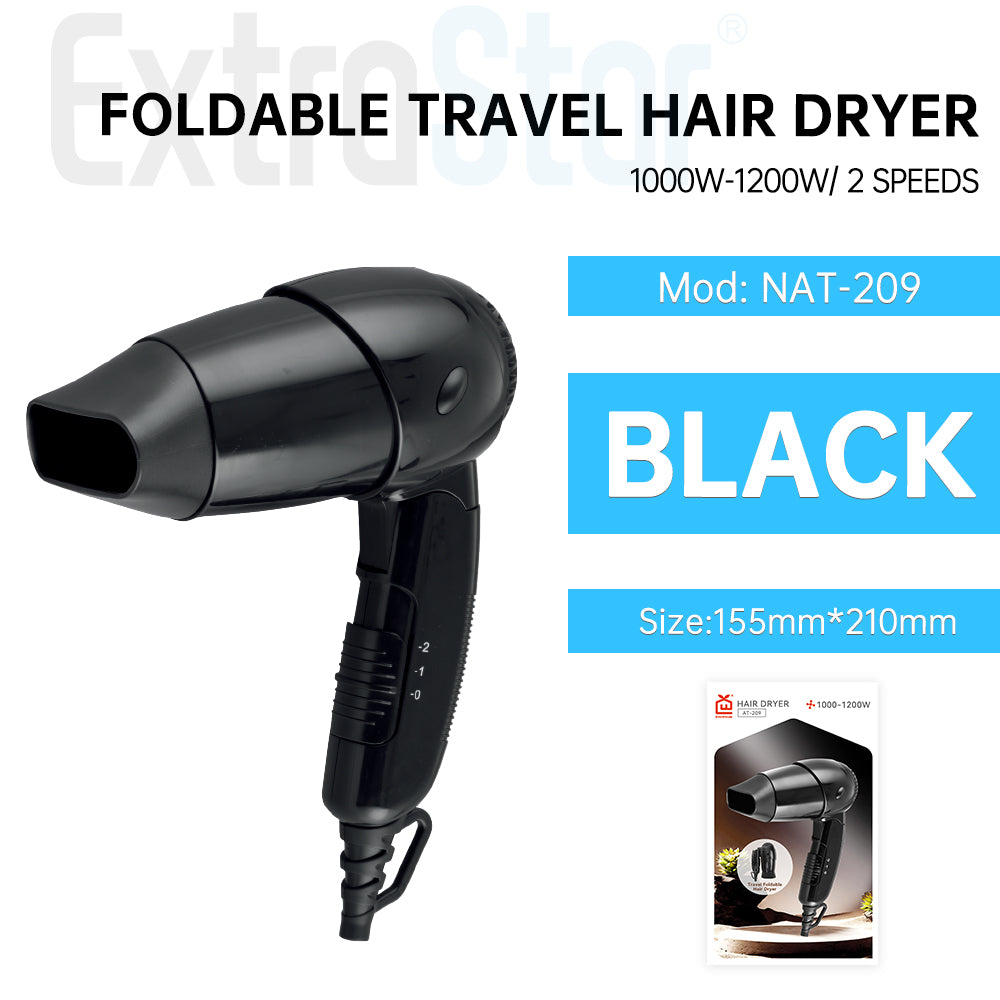 Travel Hair Dryer 1000W-1200W, , 2 speed, Foldable Handle, Black (NAT-209)