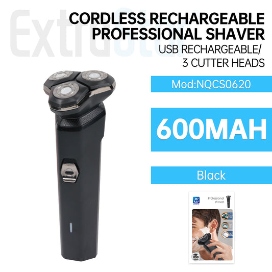Cordless Rechargeable Professional Shaver, 3 Cutter Heads, Black (NQCS0620)