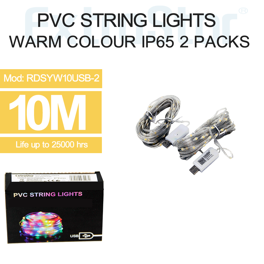 ExtraStar PVC String Lights, USB powered, IP65 10 Meters, Yellow Light, Pack of 2, Model: RDSYW10USB-2