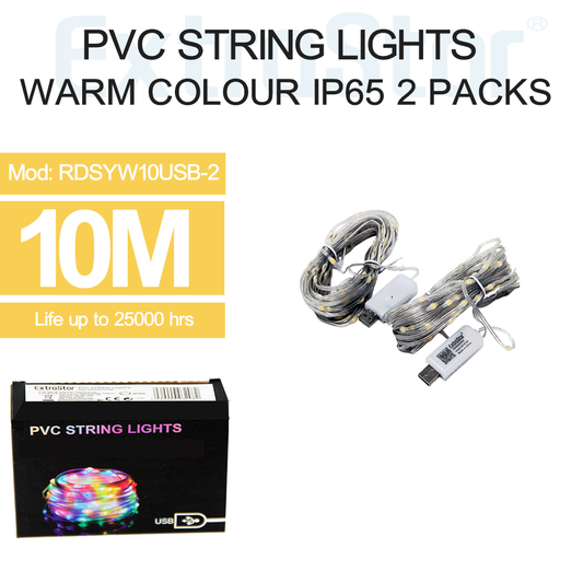 ExtraStar PVC String Lights, USB powered, IP65 10 Meters, Yellow Light, Pack of 2, Model: RDSYW10USB-2