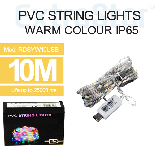 ExtraStar PVC String Lights, USB powered, IP65 10 Meters, Yellow Light, Model: RDSYW10USB