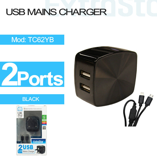 2-ports USB Mains charger black (TC62YB)