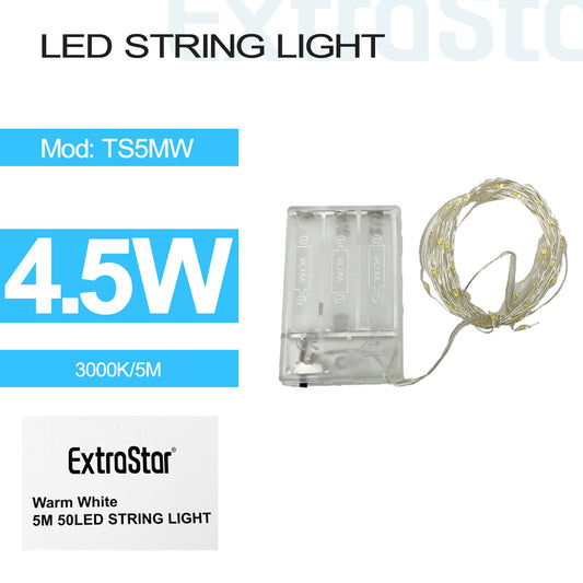 4.5W 50s LED 5M String Light, Battery, 3000K (ATS5MW)