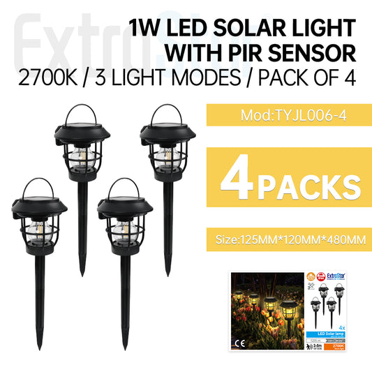 1W LED Solar Light with PIR Sensor, 2700K, 3 Light Mode, Pack of 4 (8TYJL006-4)