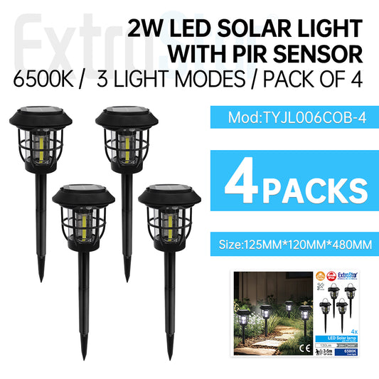2W LED Solar Light with PIR Sensor, 6500K,  3 Light Mode, Pack of 4 (8TYJL006COB-4)