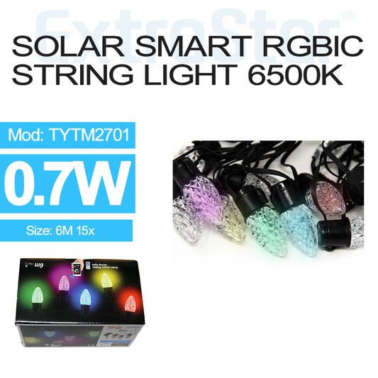 ExtraStar Solar Smart RGBIC String Light with 15 Candle Bulbs 6M cable with Remote Control, Model: 8TYTM2701