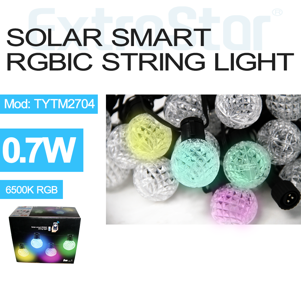 Solar Smart RGBIC String Light with 25 Ball Bulbs 9M cable with Remote Control, Model: 8TYTM2704