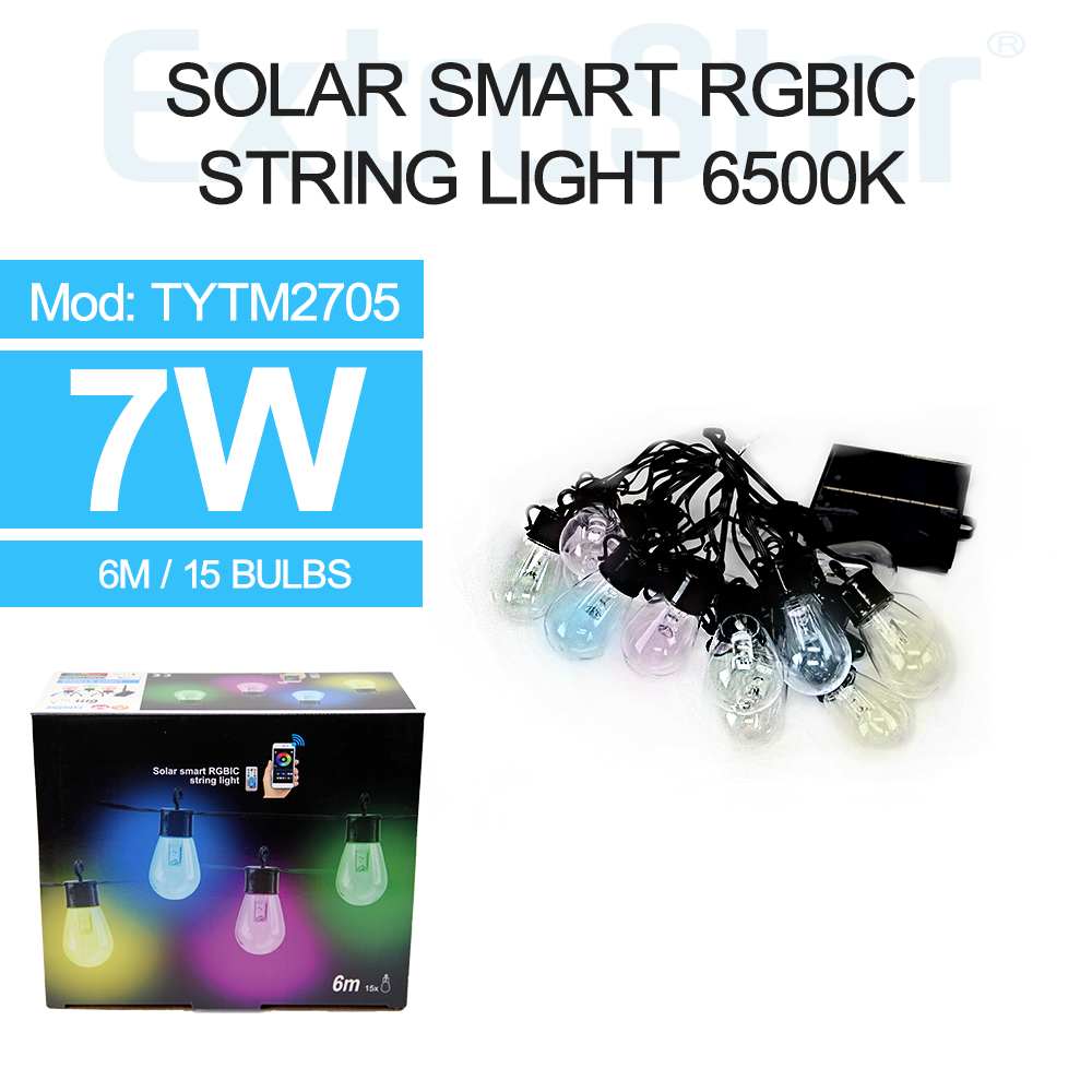 ExtraStar Solar Smart RGBIC String Light with 15 Bulbs 6M cable with Remote Control Model: 8TYTM2705