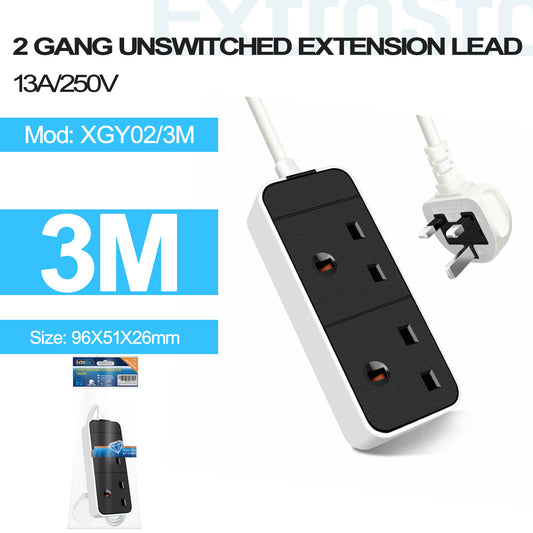 2 Gang Unswitched Extension Lead 3m White (XGY02/3M)