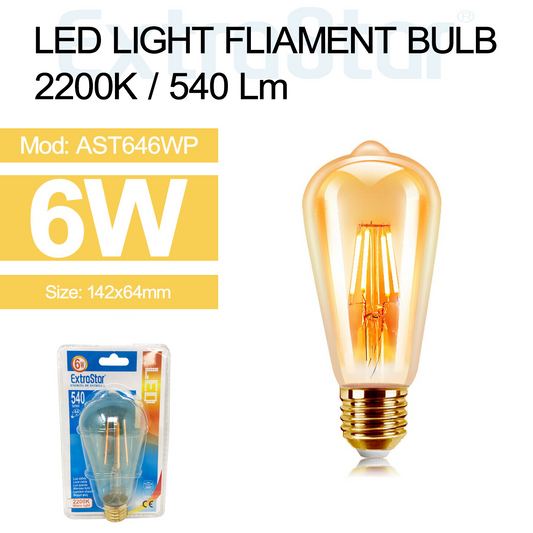 6W LED Filament Light Bulb E27, 2200K Clamshell (AST646WP)